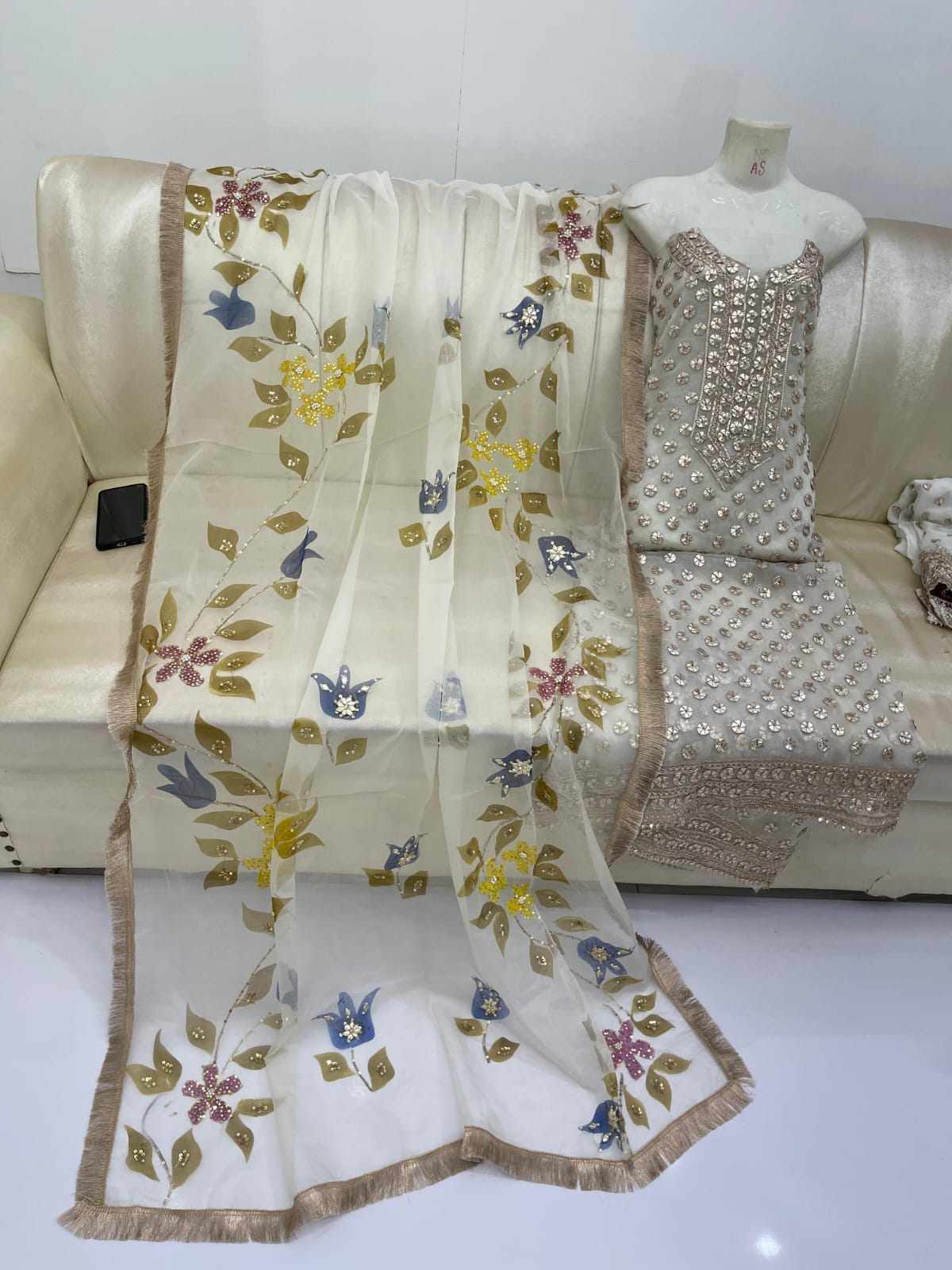 Hand Painted Cut Dana Moti Sequence & Gota Work Suit - Image 4
