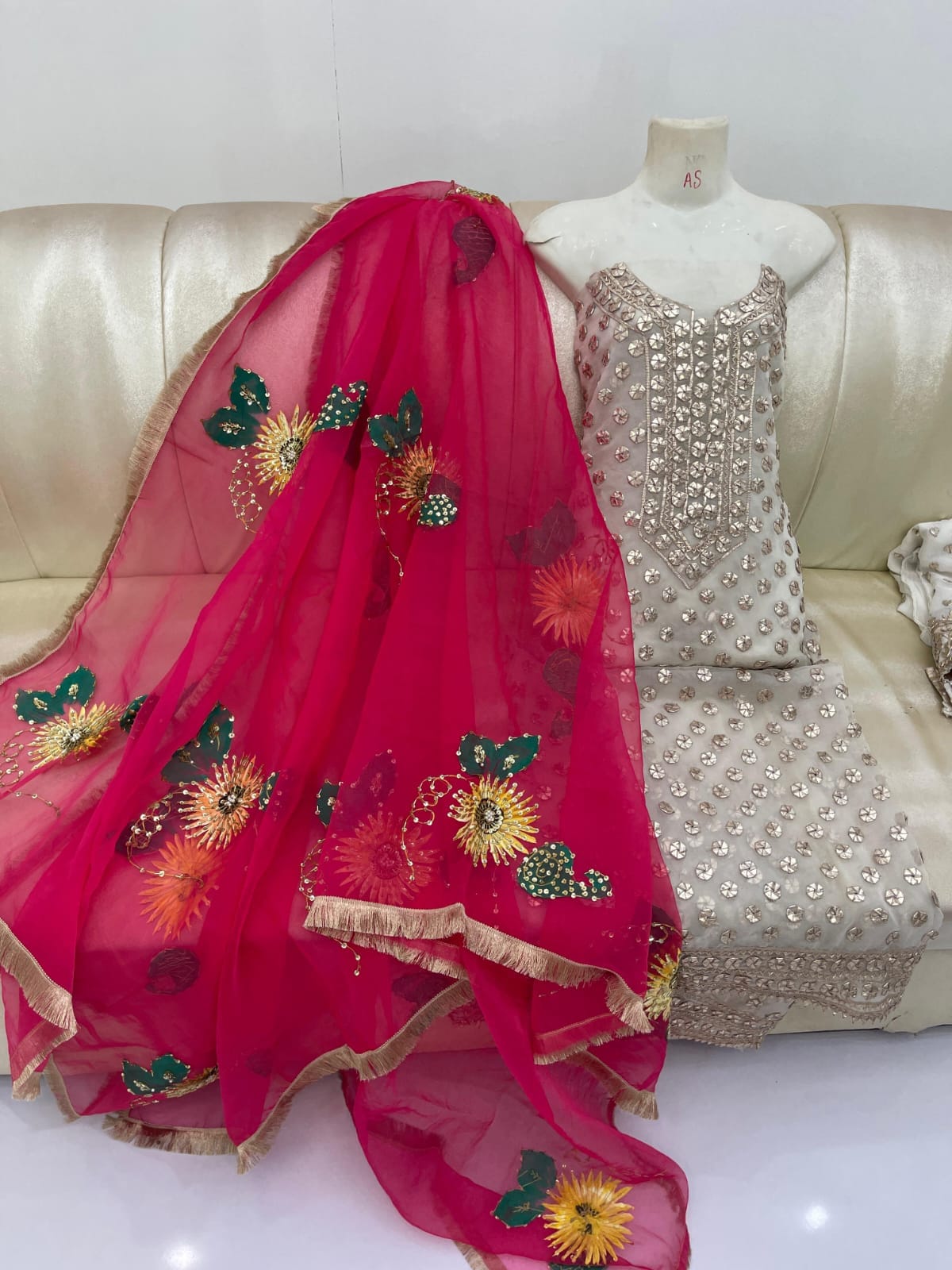 Hand Painted Cut Dana Moti Sequence & Gota Work Suit - Image 5