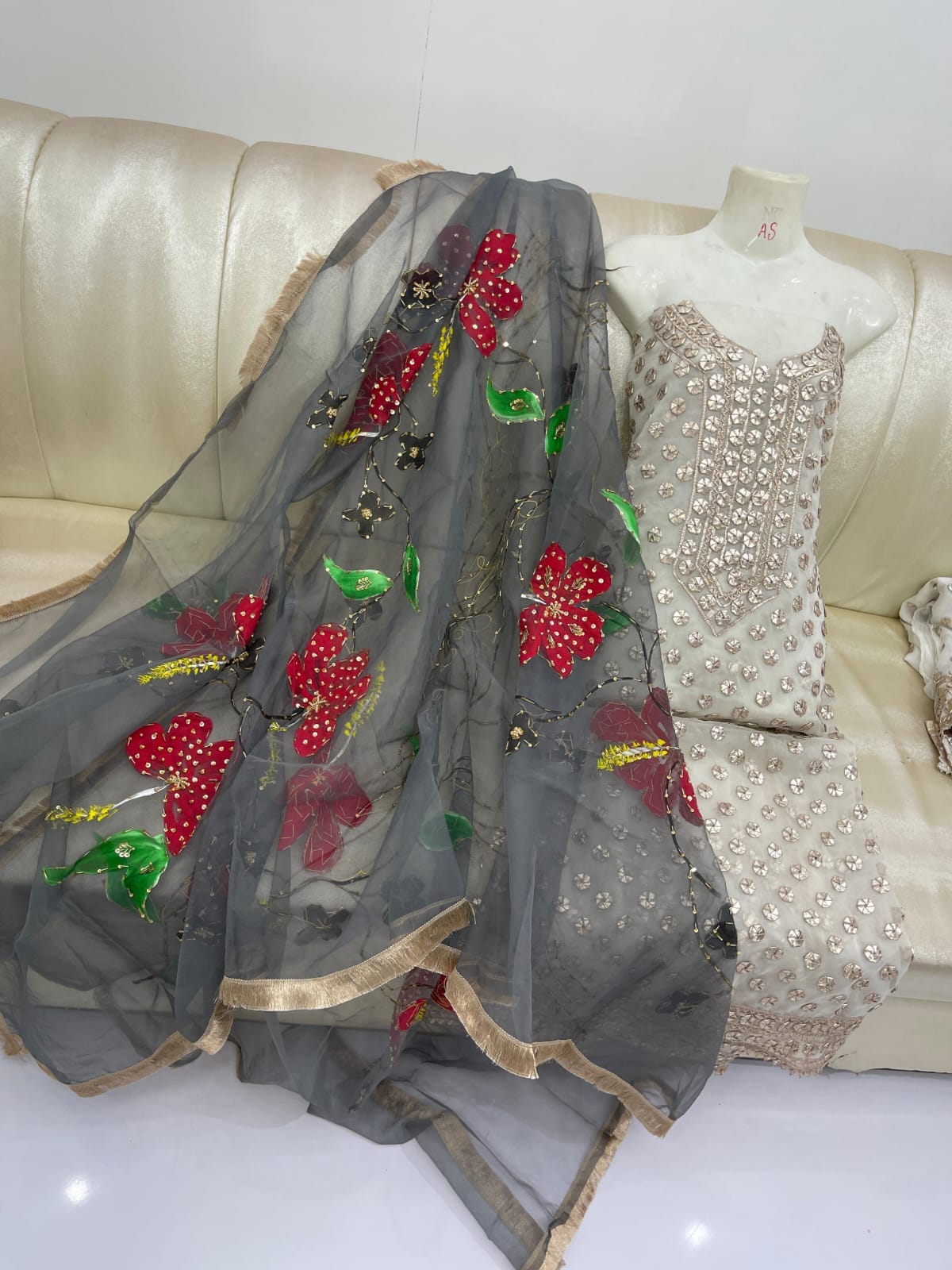 Hand Painted Cut Dana Moti Sequence & Gota Work Suit - Image 6