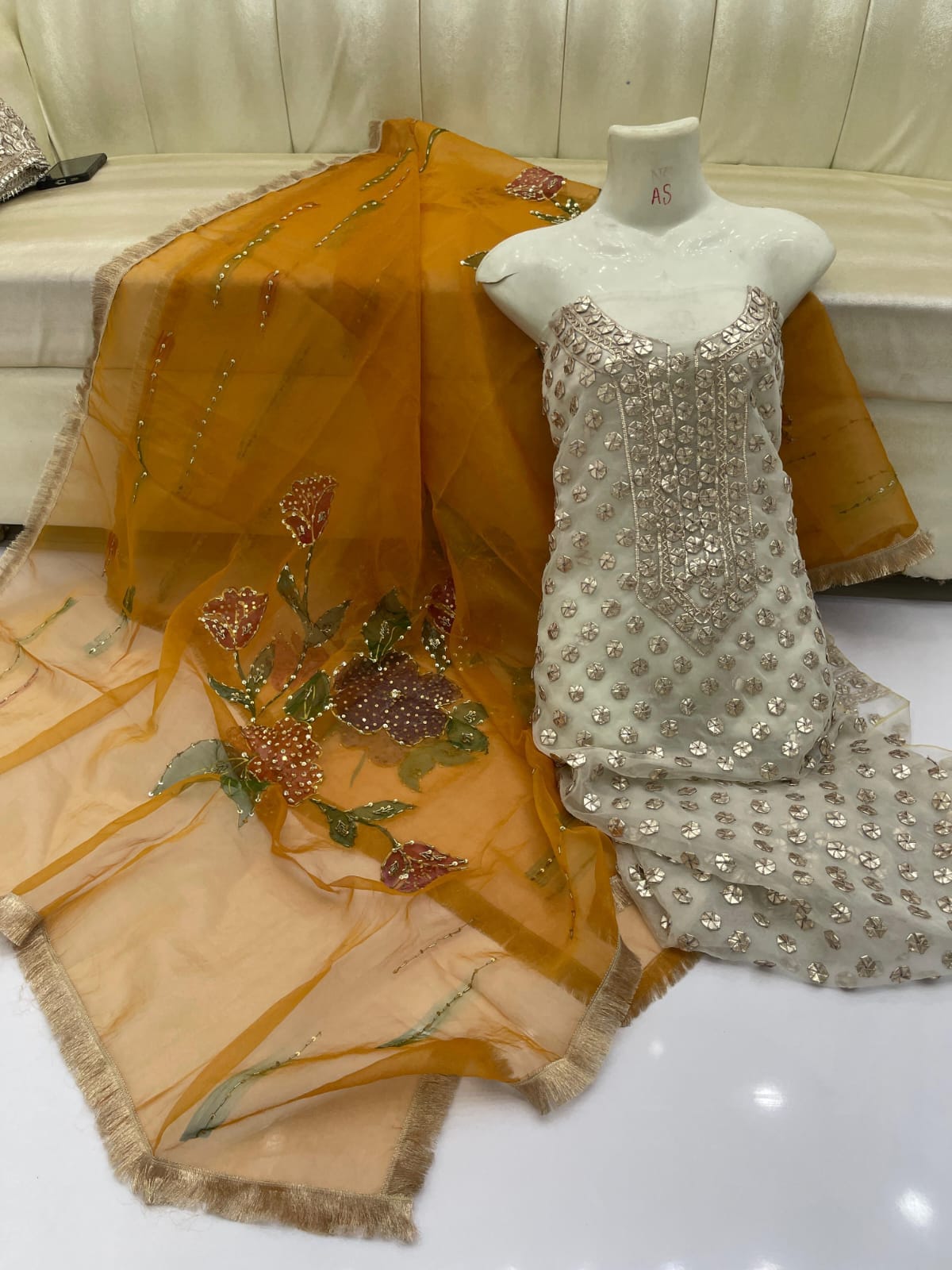 Hand Painted Cut Dana Moti Sequence & Gota Work Suit - Image 2