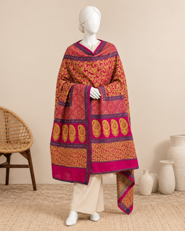 Long Length Organic Painted Golden Mukesh Kamdani Shawl crafted from Pure Shamoze Silk with elegant traditional detailing, 3-meter luxury shawl.